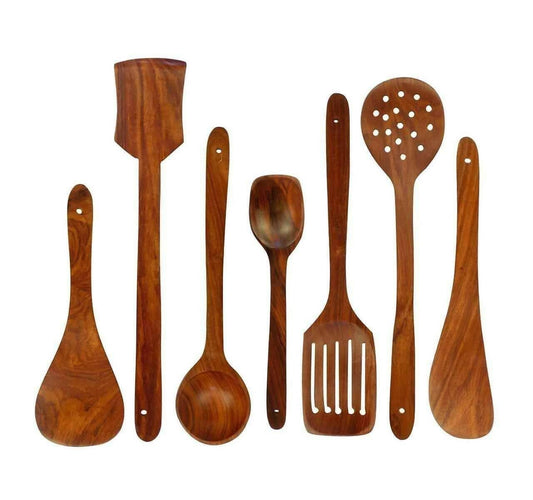 SH Saharanpur Handicraft Wooden Spoon Set of 7 | 2 Frying, 1 Serving, 1 Spatula, 1 Chapati , 1 Desert, 1 Rice, Best Tools for Kitchen - HalfPe