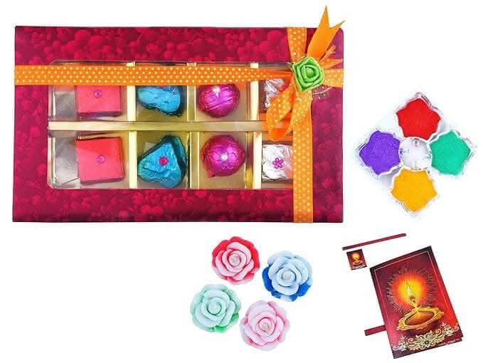 MANTOUSS Happy Diwali Chocolate Gift (Pink Decorative Box) + 2 Floating Diya, Diwali Greeting Card and Rangoli Colours - HalfPe