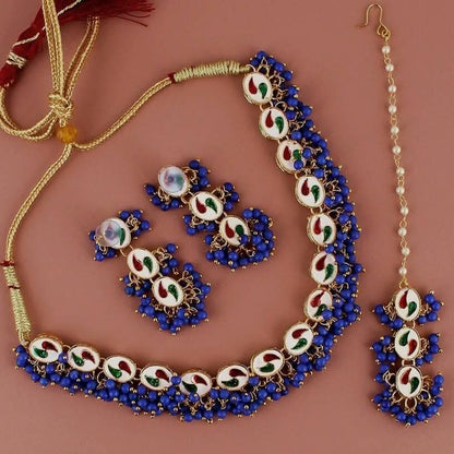 LUCKY JEWELLERY Back Meenakari 18k Gold Plated Blue Color Tika Earring Combo Uncut Big Faux Kundan Choker Necklace set (796-J5SK-1811-B) - HalfPe