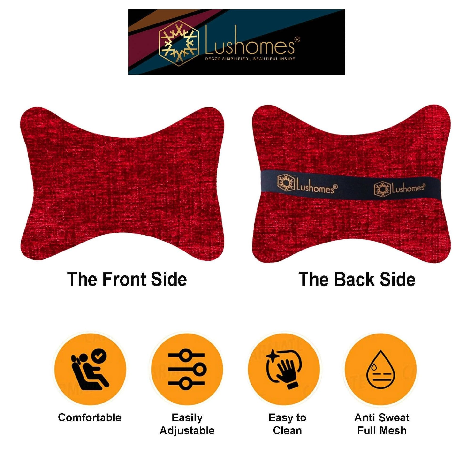 Lushomes Car Seat Neck Rest Pillow, Cushion For All Cars, Premium Designer Chenille Lumbar, Back and Headrest Support for Car Seat, Size 17x27 cms, Red, Set of 2 - HalfPe