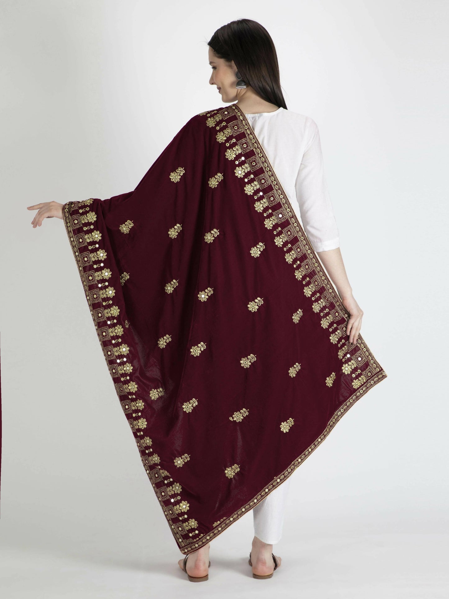 Velvet Shawl Dupatta (Maroon Embroidered ) - HalfPe