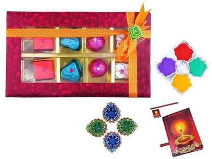 MANTOUSS Happy Diwali Chocolate Gift (Pink Decorative Box) + 2 earthern Diya, Diwali Greeting Card and Rangoli Colours - HalfPe