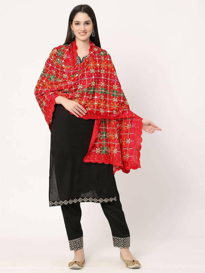 Red Multicolour Floral Design Embroidery Phulkari Dupatta with Mirror - HalfPe