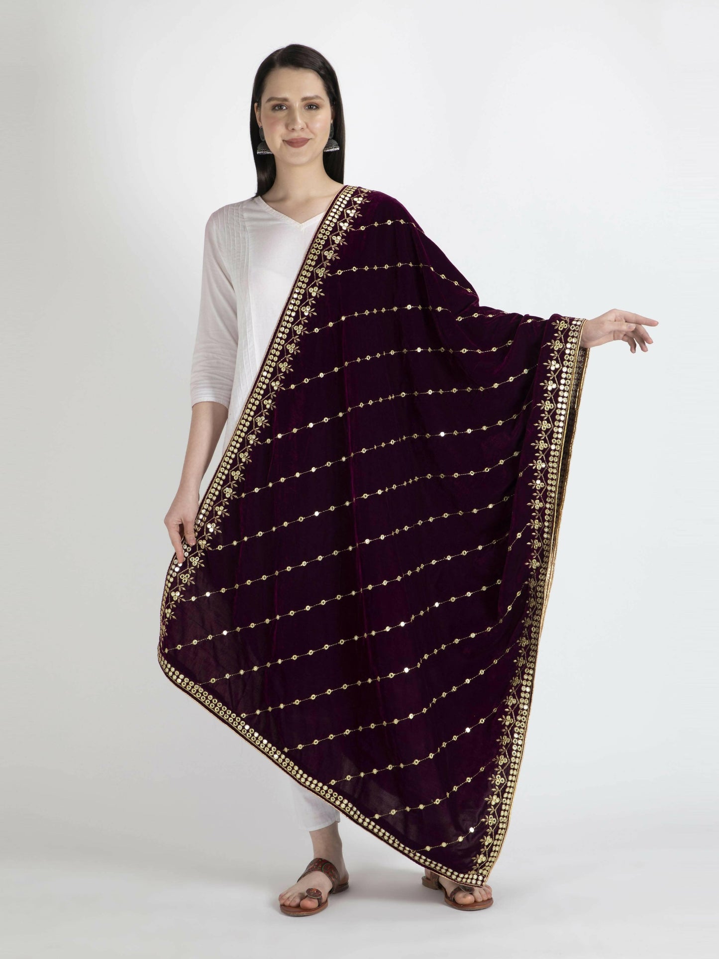 Purple Embroidered Velvet Shawl Dupatta - HalfPe