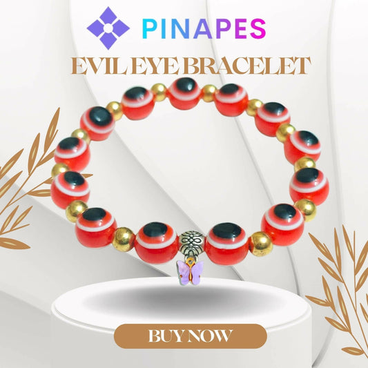 Pinapes Butterfly Beads and Evil Eye Charm Bracelet A Must-Have for Fashionable and Superstitious Women with violet butterfly (red) - HalfPe