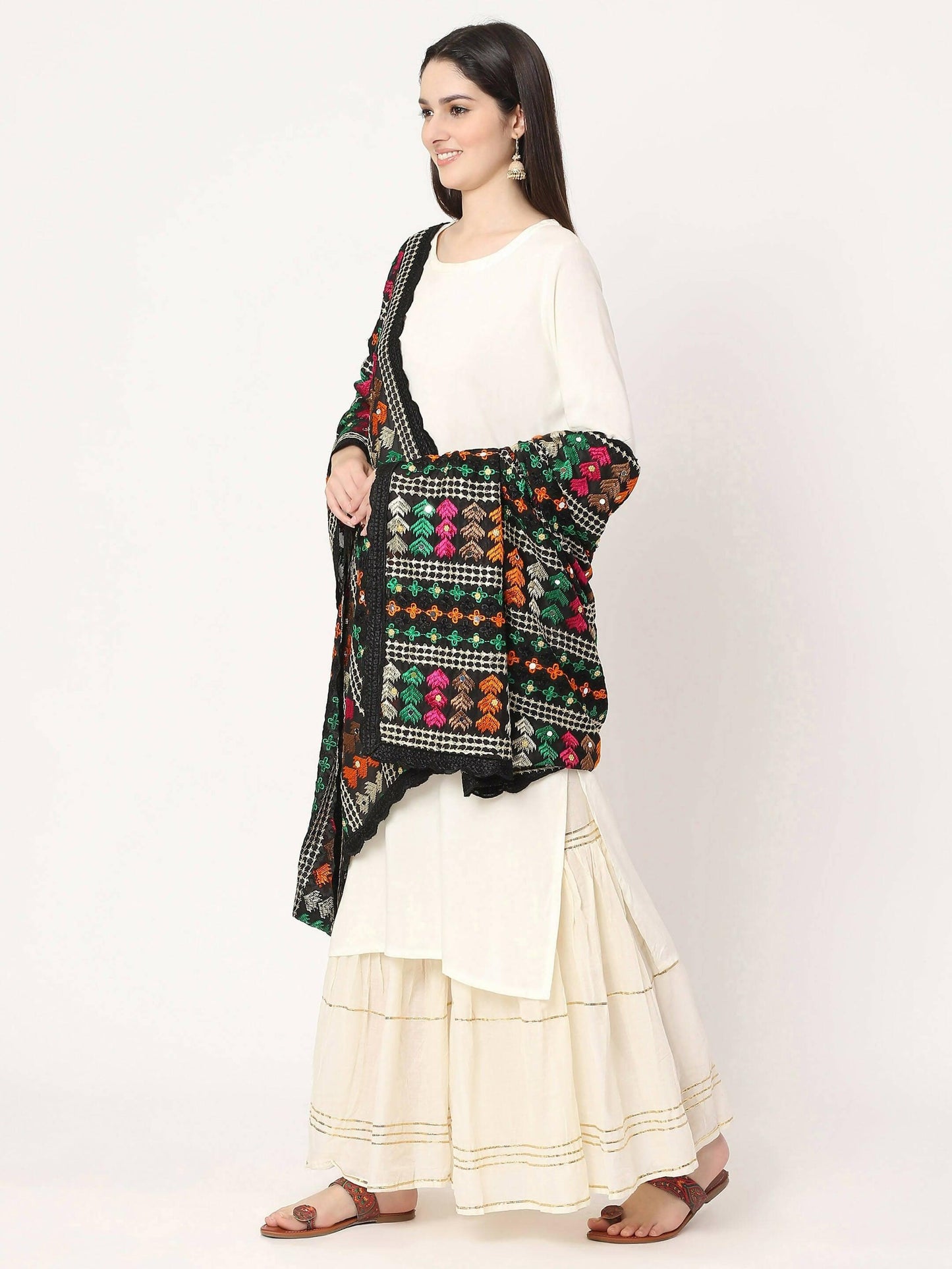 Black Multicolour Embroidery Phulkari Dupatta with Mirror Work - HalfPe