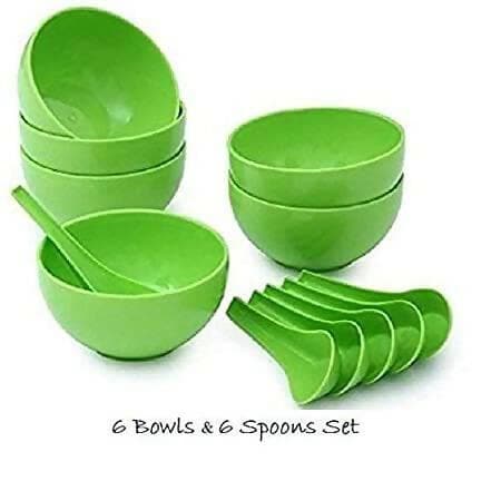 Green Plastic Round Shape Soup Bowls & Spoons, Set of 6 Bowls & 6 Spoons, Microwave Safe for Home and Office Use Bowl, Spoon Serving Set - HalfPe