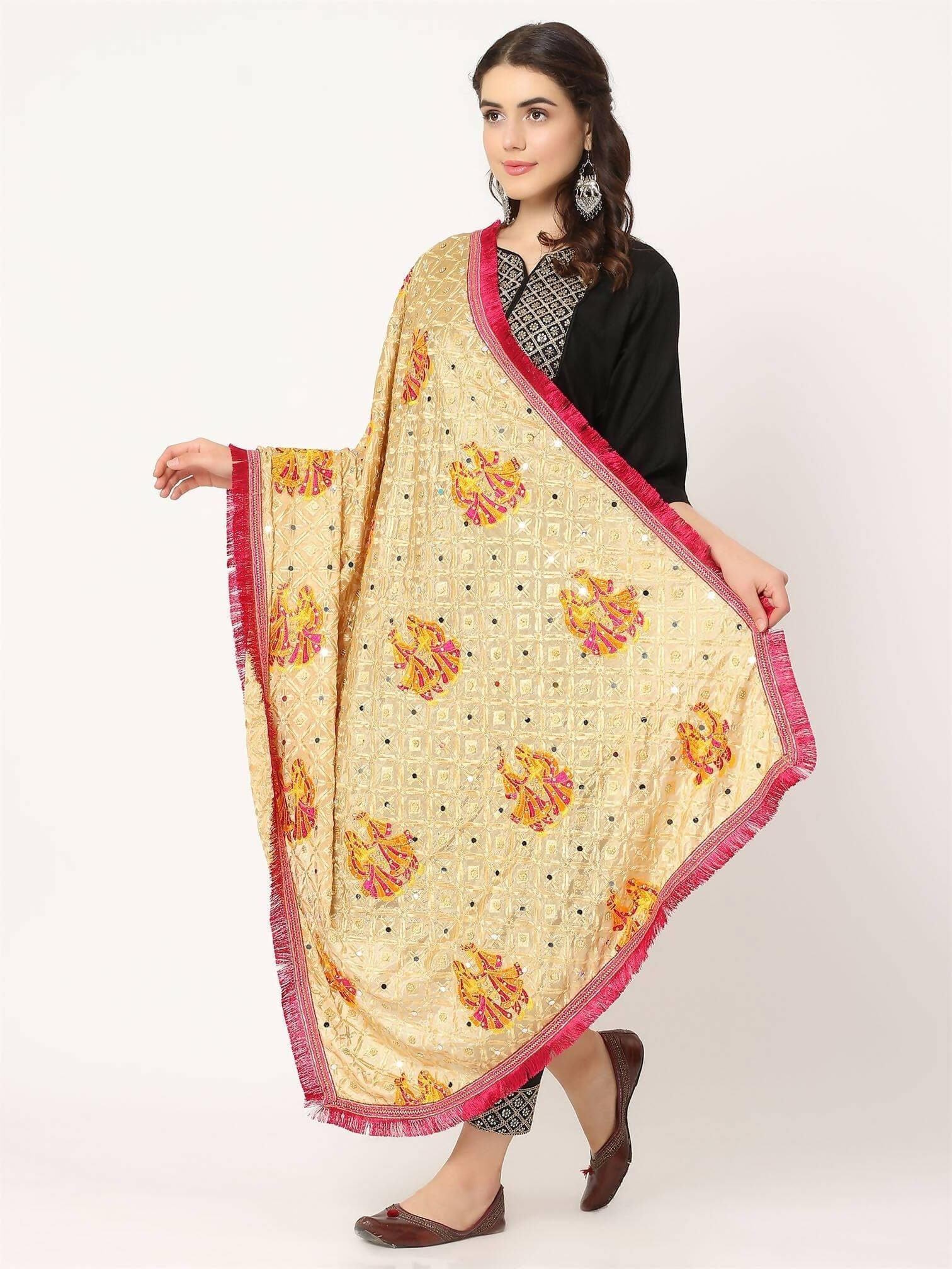 Doli Design Beige Colour Embroidery Phulkari With Mirror - HalfPe