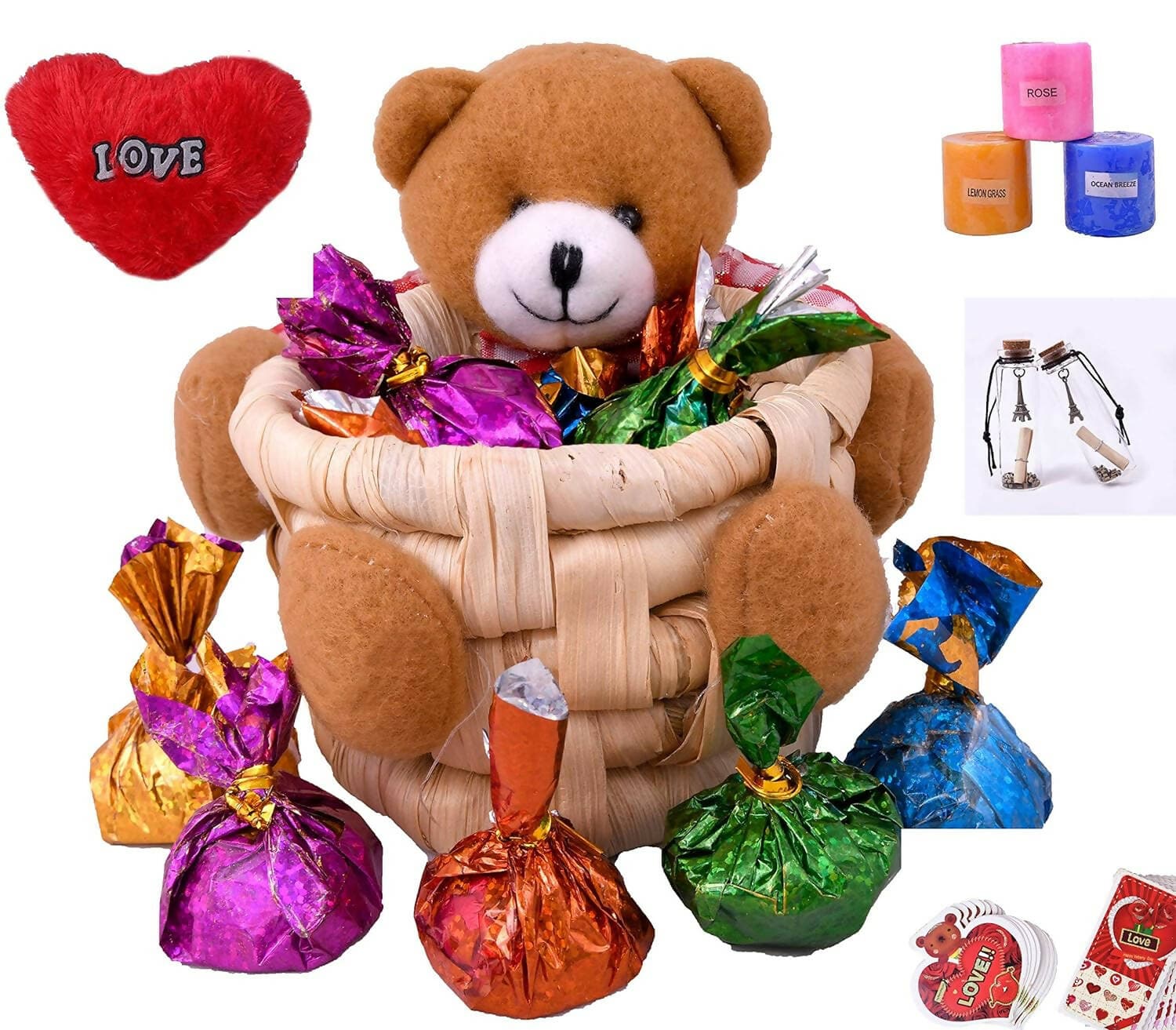 MANTOUSS Special Valentine Day Gift-Soft Teddy Bear Basket Filled with Chocolates+Fur Love Heart+Love Message Bottle+Valentines Day Greeting Card+ Scented Aromatic Candle - HalfPe