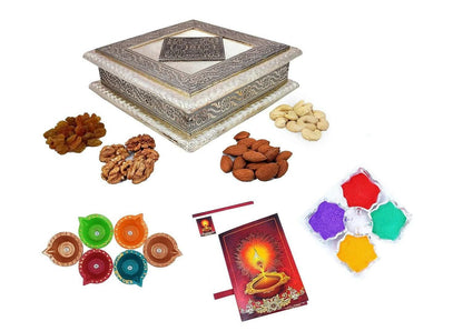 MANTOUSS Diwali Oxidised Dry Fruit Hamper/Pack/Combo-Cashew,Almond,Walnut and Raisin (50gms Each) 200gms + 2 Cute diyas, Rangoli Colours and Diwali Greeting - HalfPe