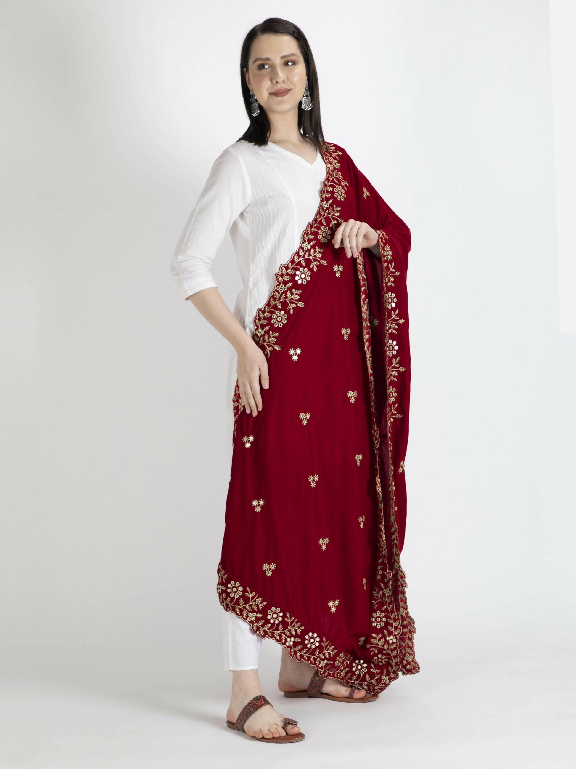 Embroidered Velvet Shawl Dupatta For Women (Red) - HalfPe