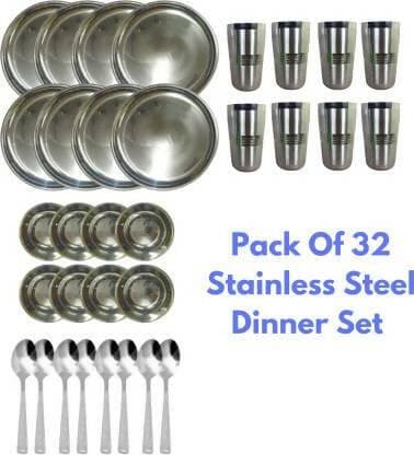 SHINI LIFESTYLE Pack of 32 Steel Stainless Steel Dinner Set, Steel Bartan Set 32pc Dinner Set (Silver) - HalfPe