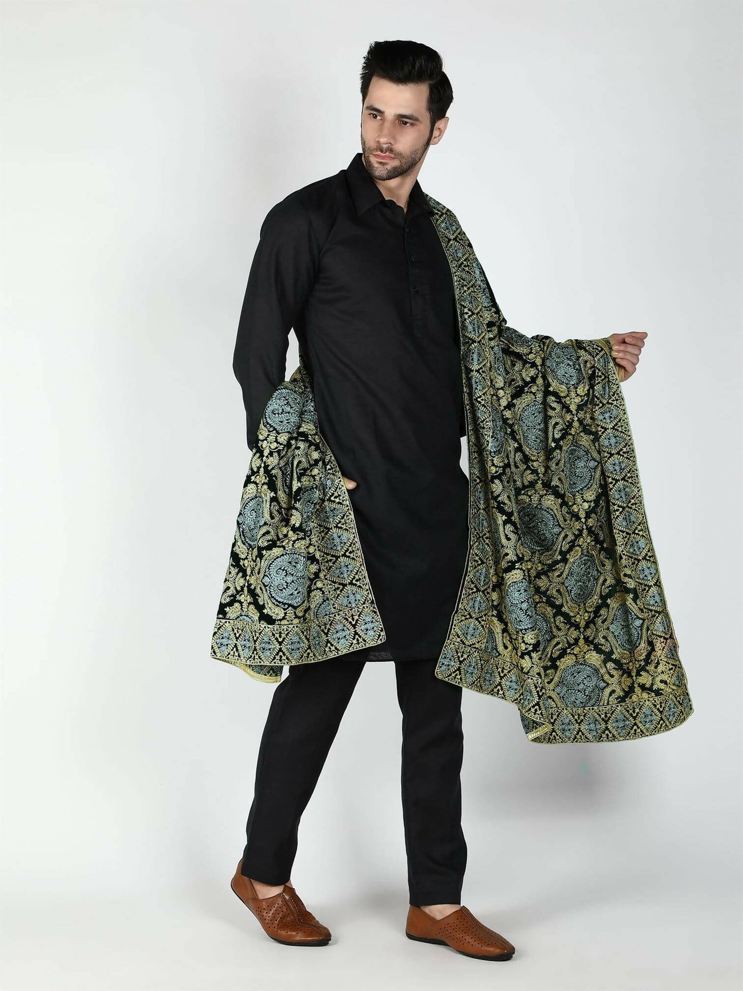 Moda Chales Men's Velvet Shawl (Green, Silver ,Gold ) - HalfPe