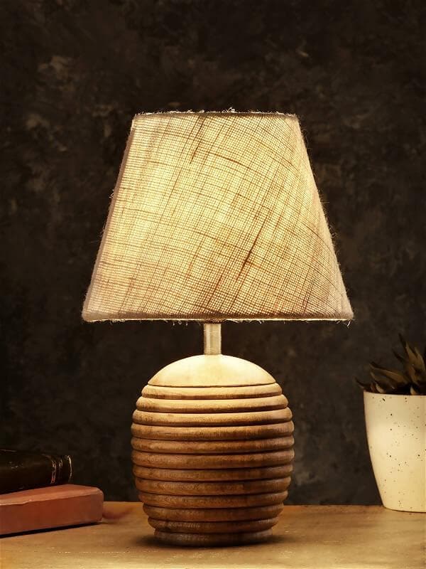 Striped Wooden Brown Lamp With White Jute Shade - HalfPe