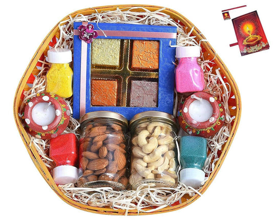 MANTOUSS Diwali Gift hampers with Dry Fruits/Dry Fruits Combo Pack-Decorated Basket+2 Jars of Dry Fruits(Almond and Cashew)+Chocolate Gift Box+2 Wax Filled matki Diya+4 Rangoli Colours+Diwali Card - HalfPe