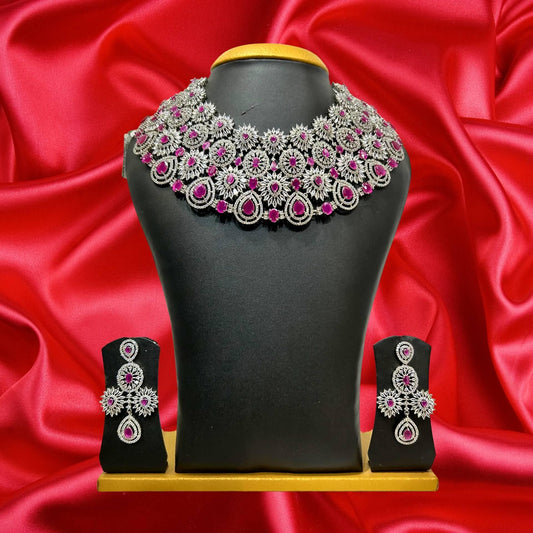 Pink Stone studded Elegant Silver Finish Heavy Choker Necklace with earring - HalfPe