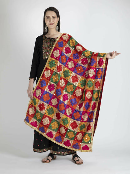 Phulkari Dupatta with Mirror Work(Multicolour square designs) - HalfPe