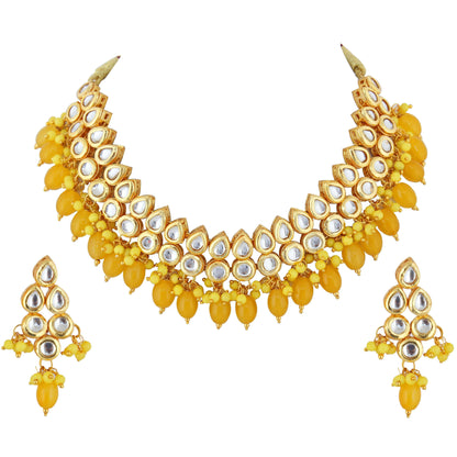 LUCKY JEWELLERY Back Meenakari 18k Gold Plated Yellow Color Earring Combo Uncut Big Faux Kundan Choker Necklace set - HalfPe