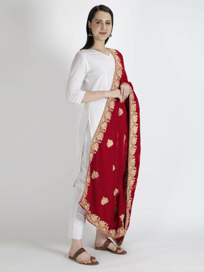 Velvet Embroidered Shawl Dupatta (red) - HalfPe