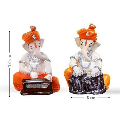 ARTISANS ALLEY Sitting Ganesha with Musical Instrumnents Decorative Statue for Home Decor - (Pack of 2, White & Orange) - HalfPe