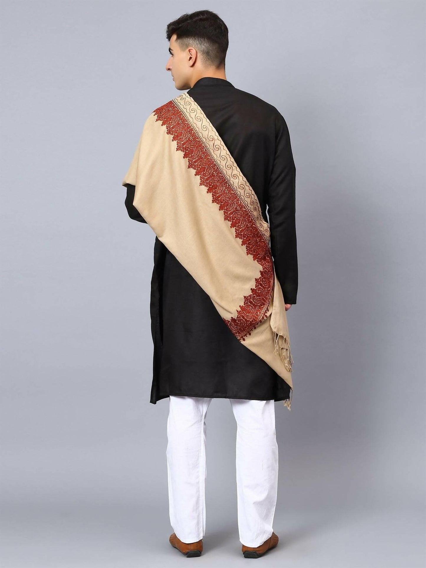 Light Brown Base and Dark Brown Embroidered Stole - HalfPe