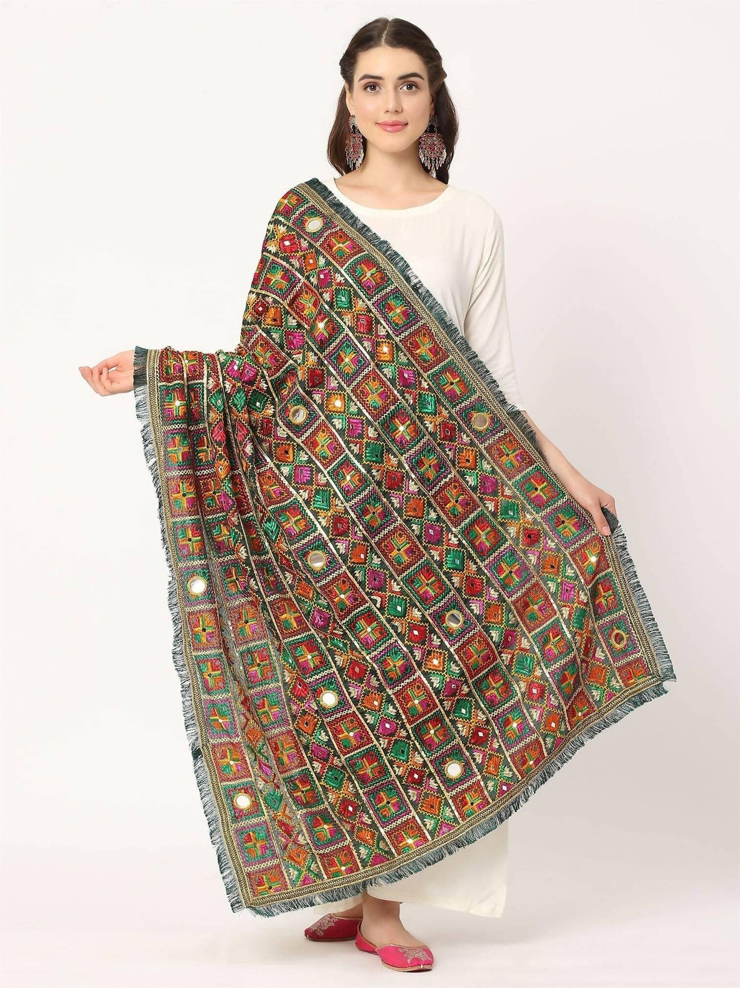 Green Mullticolour Embroidery Phulkari Dupatta with Mirror Work - HalfPe