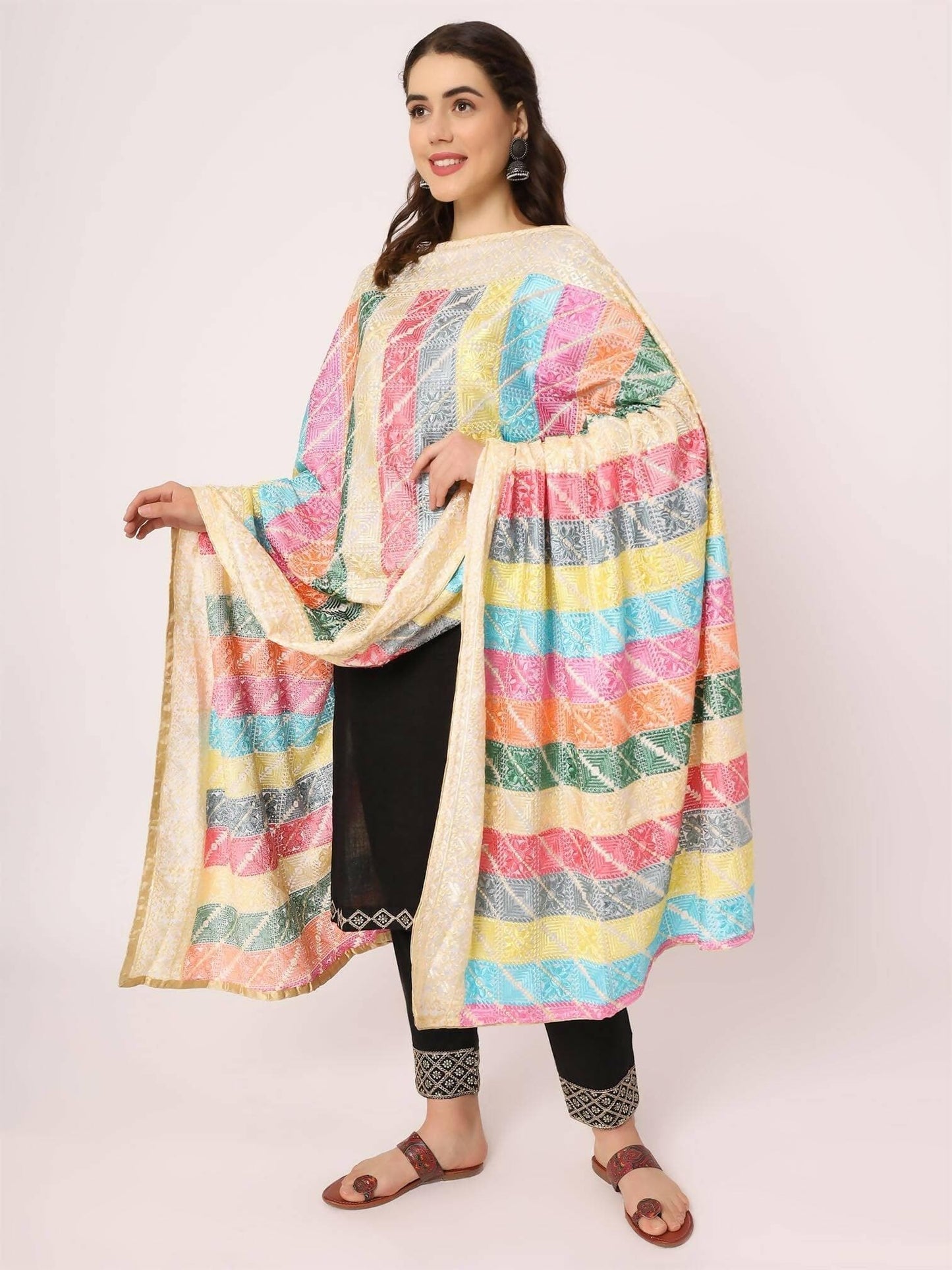 Pastel Colours Embroidery Phulkari Dupatta - HalfPe