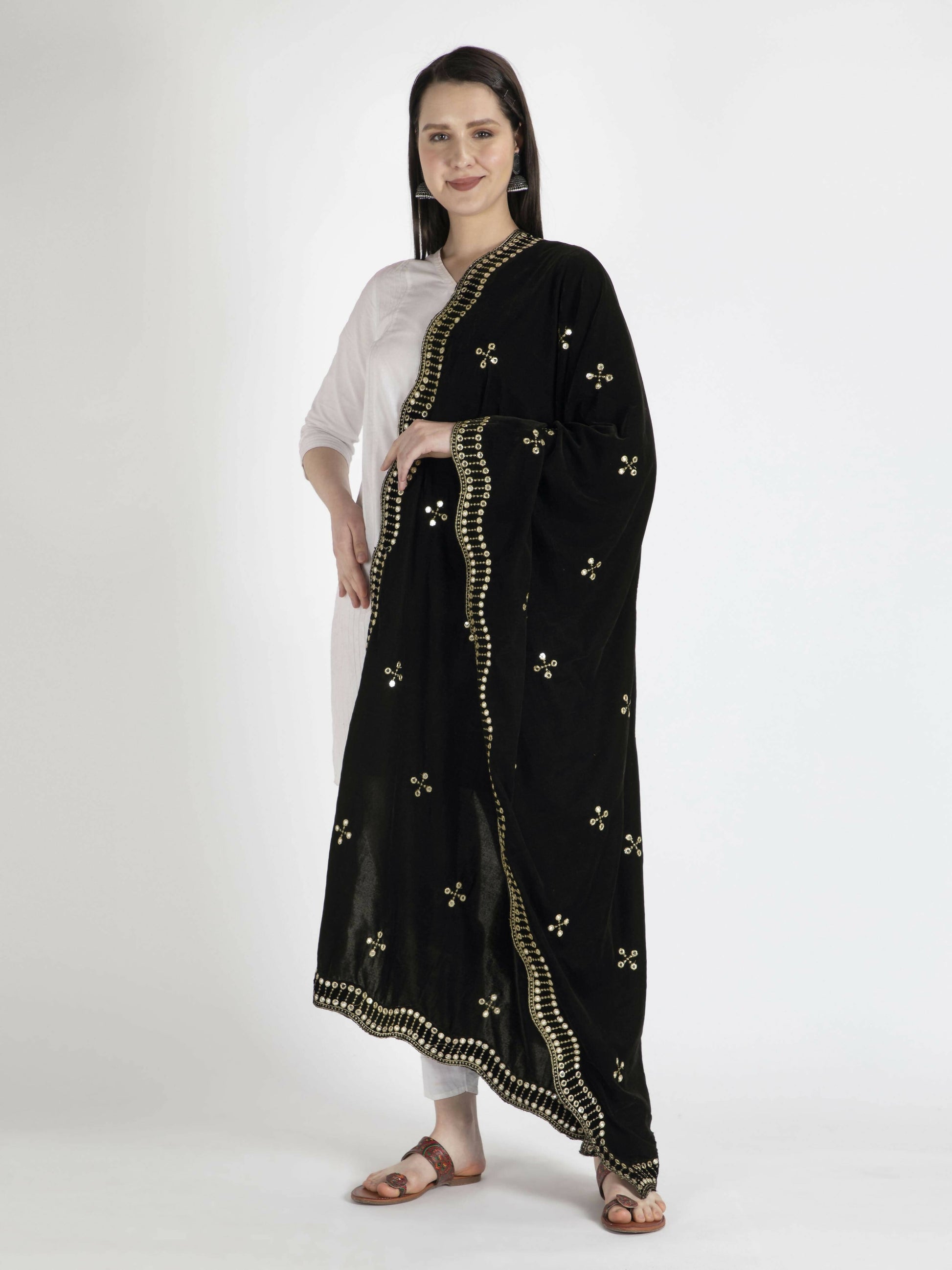 Embroidered Shawl Dupatta For Women With Black Colour - HalfPe