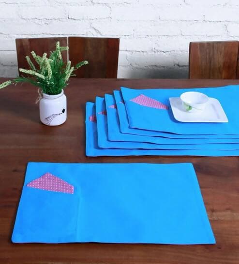 Lushomes table mat and napkins for dining table Set of 12, Fancy Table Mats Online with Pocket and Printed Cloth Napkins, Blue and Purple (6 Pc Placemats,13x19 Inces + 6 Pcs of Napkins, 16x16 Inches) - HalfPe