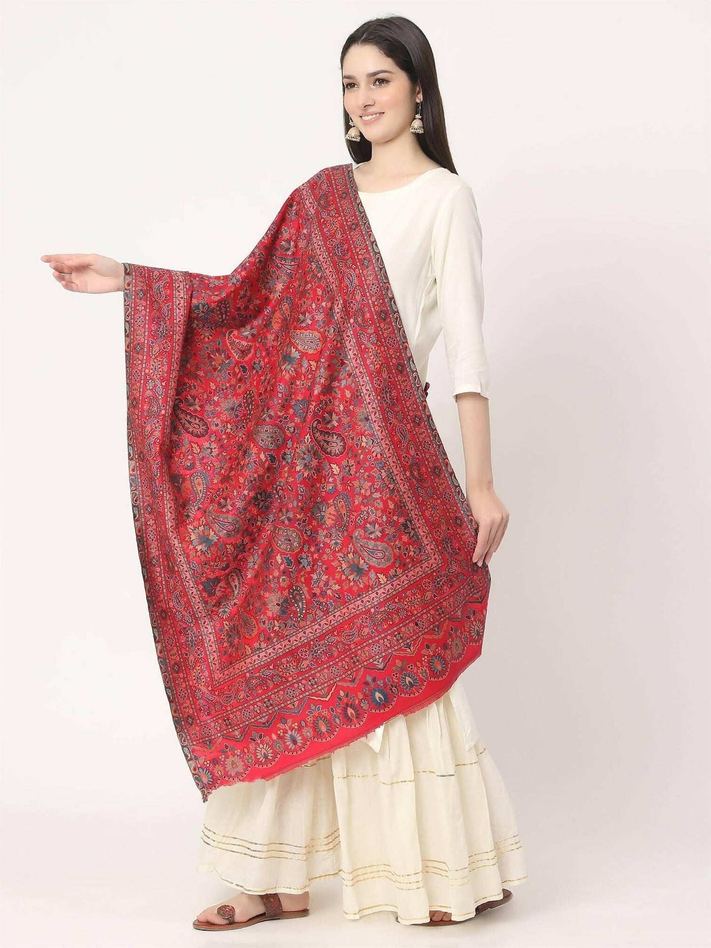 Cherry Red Wool Soft Multiweave Kani Stole for women - HalfPe