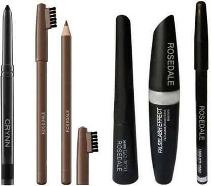 Crynn Smudge Proof HDA64 Makeup Beauty Kajal & Rosedale 3in1 Insta Infallible Eyeliner , Eyebrow Pencil , Mascara & Rosedale Brown Eyebrow Pencil With Eyebrow Brush (Pack of 5 Items) - HalfPe