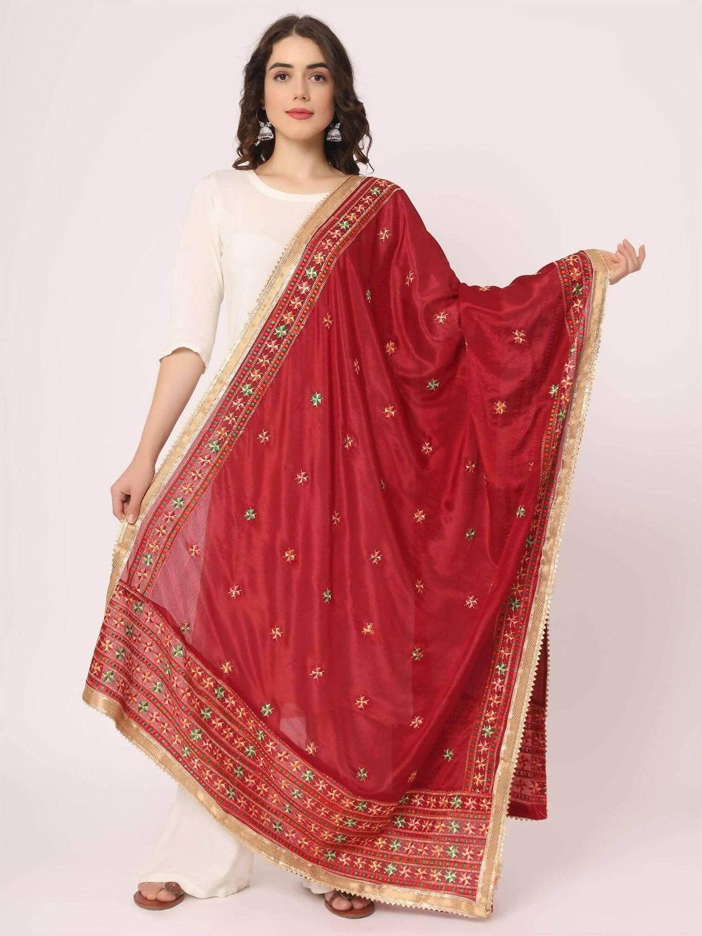 Maroon Multicolour phulkari Embroidery Dupatta - HalfPe