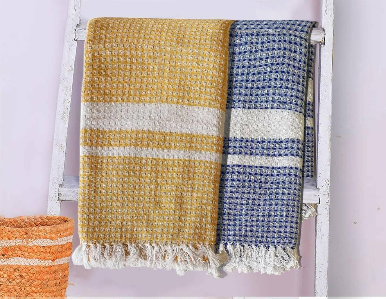 Lushomes Towels for Bath, Cotton Bath Towel Checks Combo (Yellow & Blue) - HalfPe