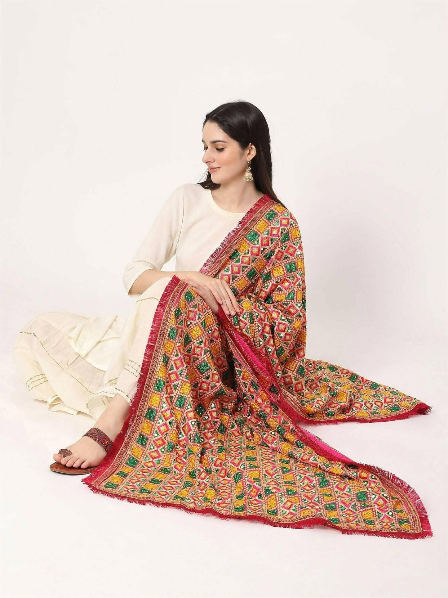 Mullticolour Embroidery Phulkari Dupatta with Mirror and Pearls - HalfPe