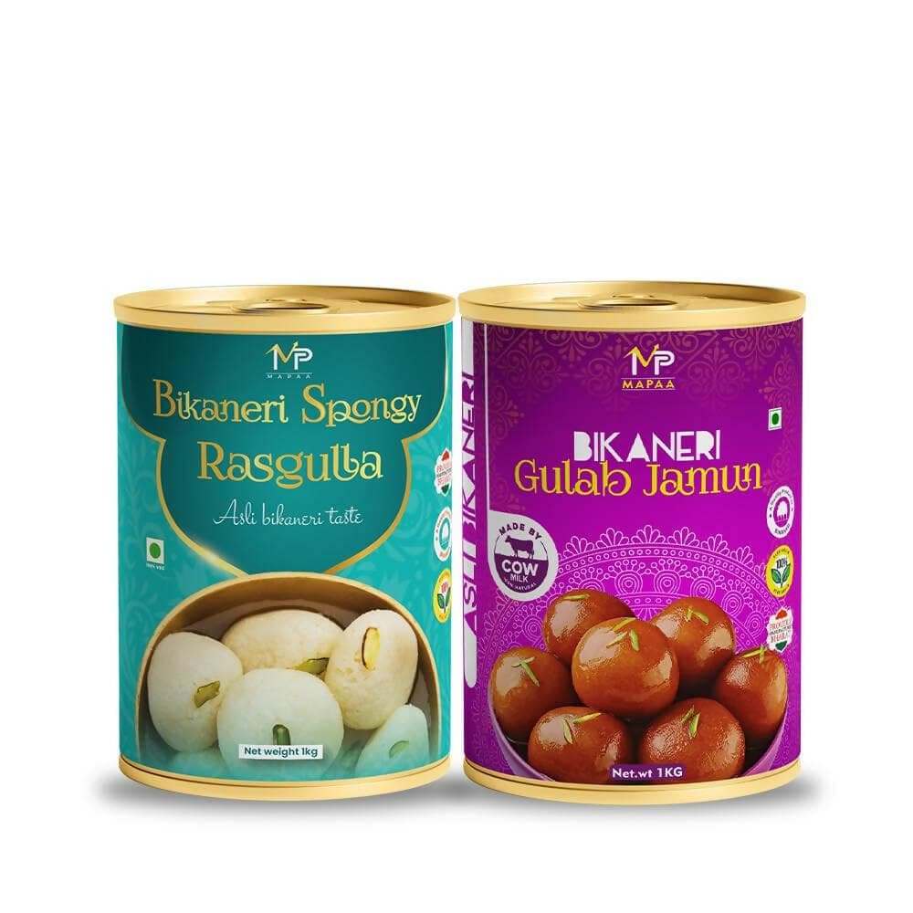 MAPAA Bikaneri Premium Spongy Rasgulla & Premium Bikaneri Gulab Jamun |Ready to Eat Sweet | Bikaneri Sweets| Mithai Combo (2x1Kg) 2 KG - HalfPe