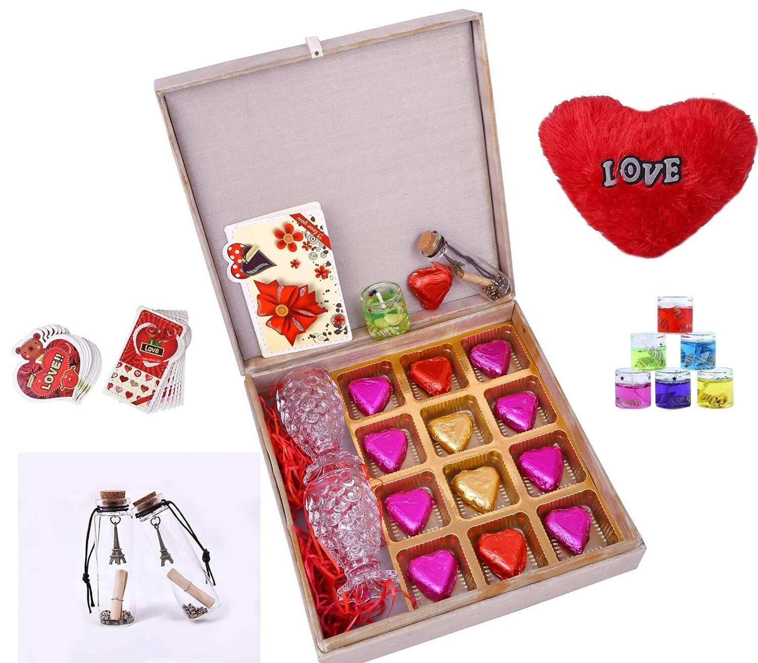 MANTOUSS Valentines day gift for boyfriend/girlfriend/Valentines day gift hamper-Red decorated box filled with chocolates+2 shot glasses+glass candle+valentines day greeting card+Love Message bottle+Fur Love Heart - HalfPe