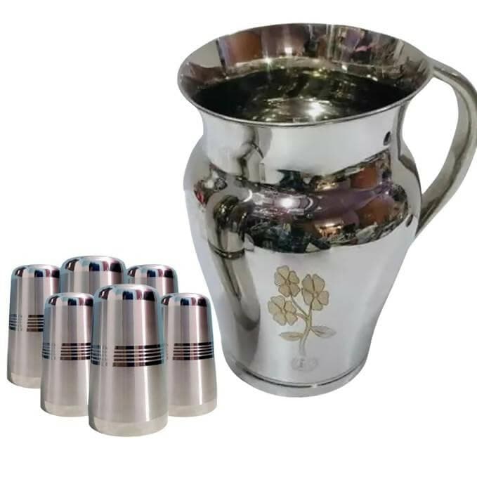 SHINI LIFESTYLE Stainless Steel leser Glass Set Water with water jug (6+1) - HalfPe