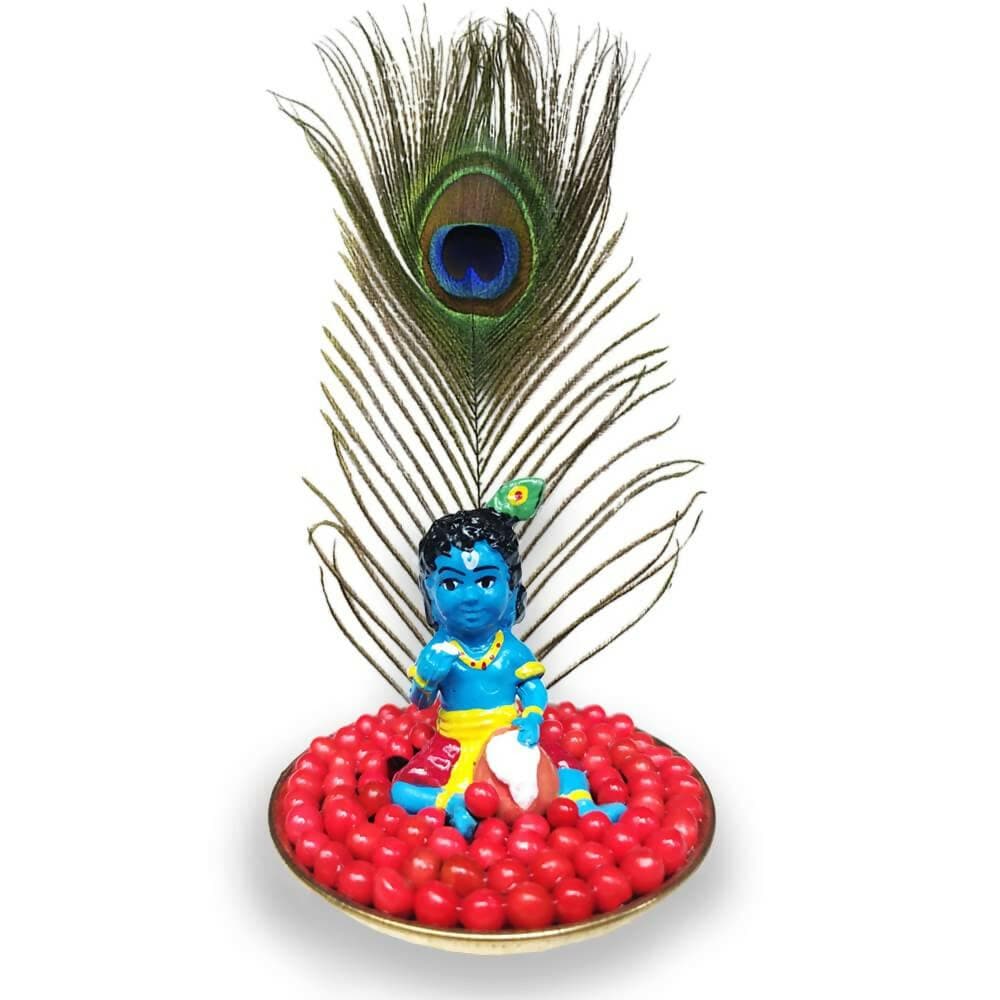 Mats Avenue Unni Krishna Statue Eating Ghee with Peacock Feather for Pooja Room - HalfPe