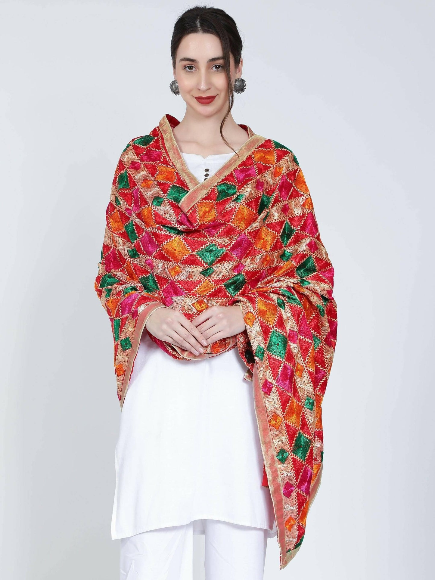 Red Phulkari dupatta (Multi-color designs) - HalfPe