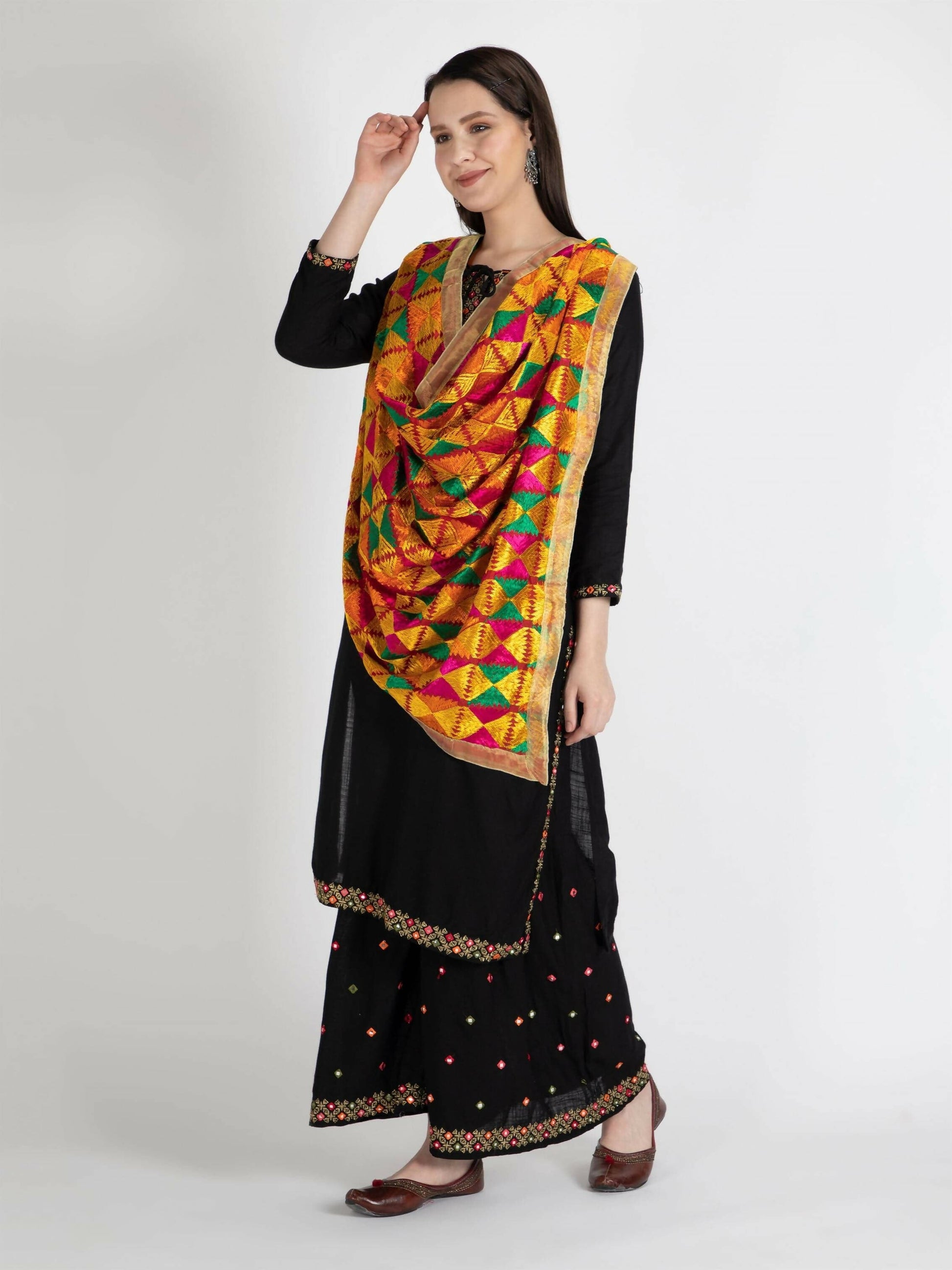 Phulkari with gold Lace (Multicolour) - HalfPe