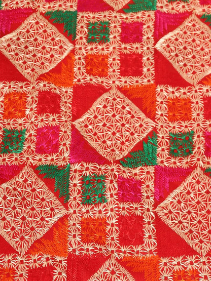 Red Multicolour Embroidery Phulkari Dupatta - HalfPe