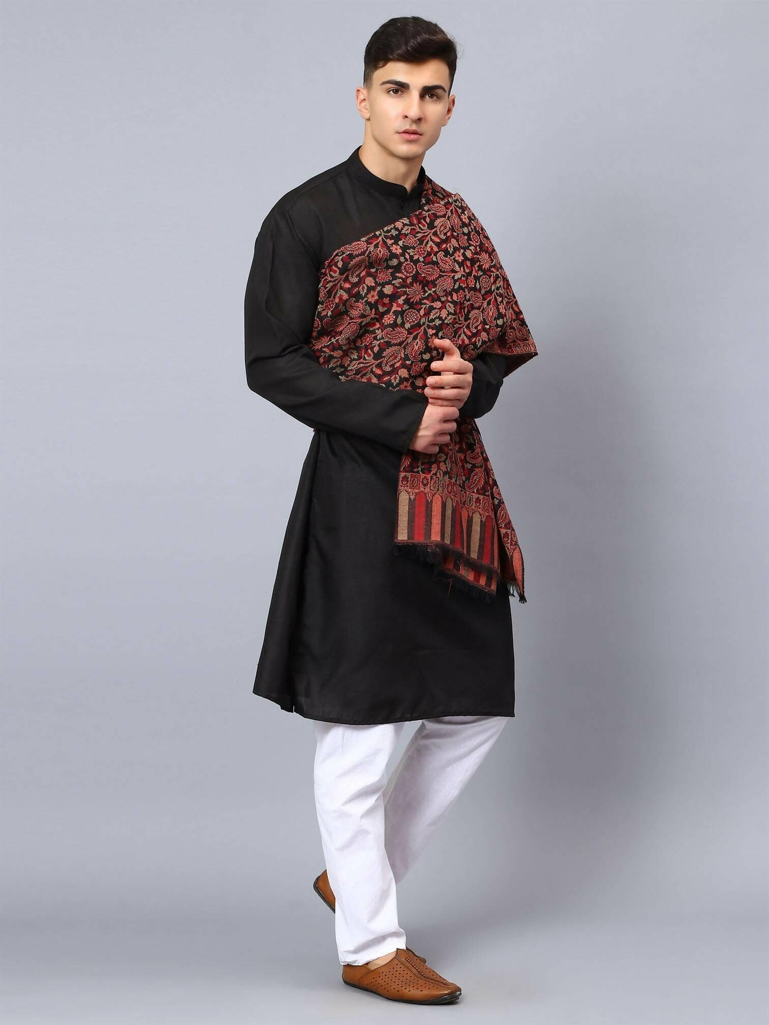 Black Pure Wool Kani Multiweave Shawl - HalfPe