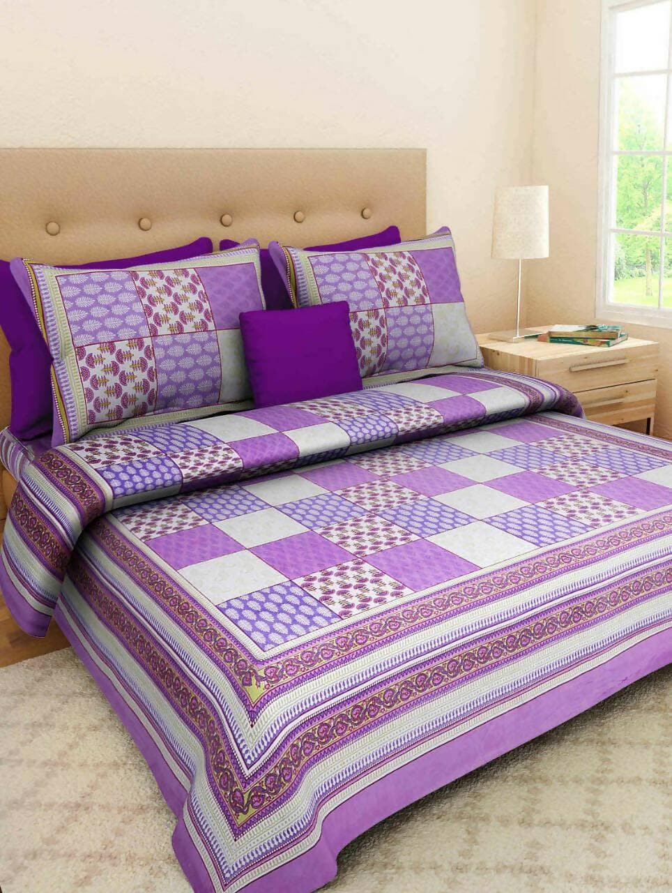 jaipuri Cotton Mordern Art Patch Work Printed Double Bedsheet with Two Pillow Cover - HalfPe