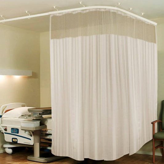 Hospital Partition Curtains, Clinic Curtains Size 8 FT W x 7 ft H, Channel Curtains with Net Fabric, 100% polyester 16 Rustfree Metal Eyelets 16 Plastic Hook, Cream, (8x7 FT) - HalfPe