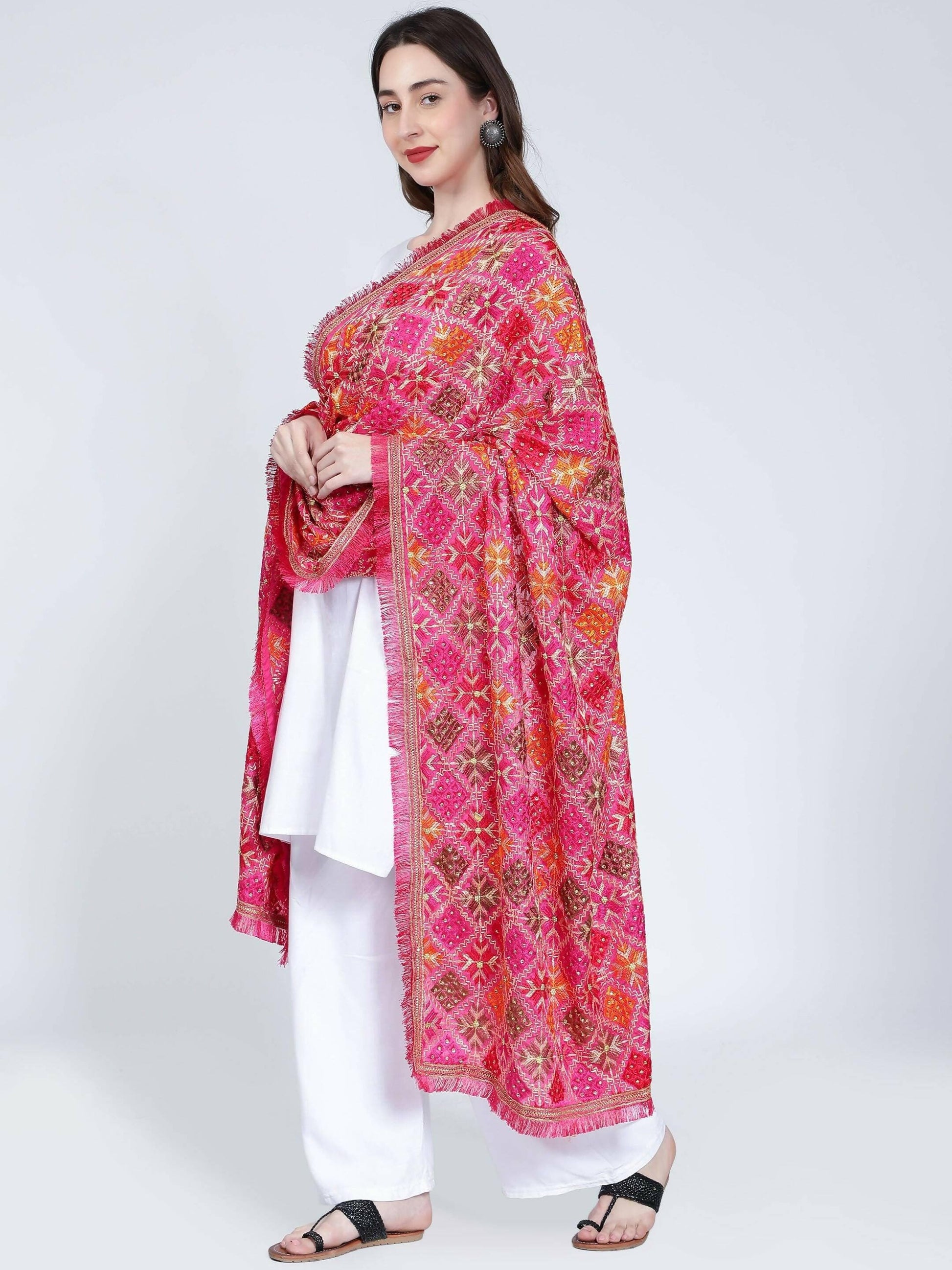 Multicolour Phulkari Dupatta with mirror work (Magenta Pink Orange ) - HalfPe