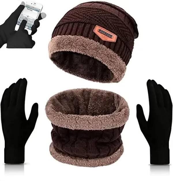 Woven Beige-Winter Woolen Beanie Cap Scarf And Touchscreen Gloves Set (Pack of 3) - HalfPe