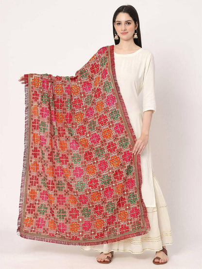 Red Multicolour Embroidery Phulkari Dupatta with Mirror Work - HalfPe