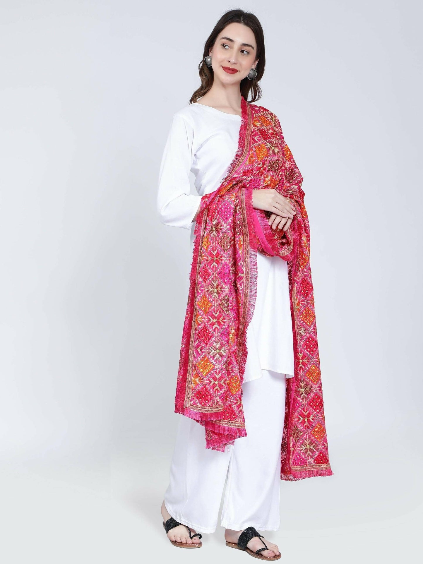 Multicolour Phulkari Dupatta with mirror work (Magenta Pink Orange ) - HalfPe