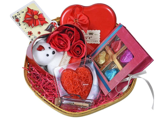 MANTOUSS Valentines Day Gift for Girlfriend/Boyfriend/Husband/Wife/Fiance-Beautiful Basket+Chocolates in a Decorated Box+3pc Roses and Teddy Bear in Heart Box+Message Bottle+Heart Shaped Candle+Card - HalfPe