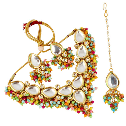 LUCKY JEWELLERY Back Meenakari 18k Gold Plated Multi Color Tika Earring Combo Uncut Big Faux Kundan Choker Necklace set - HalfPe